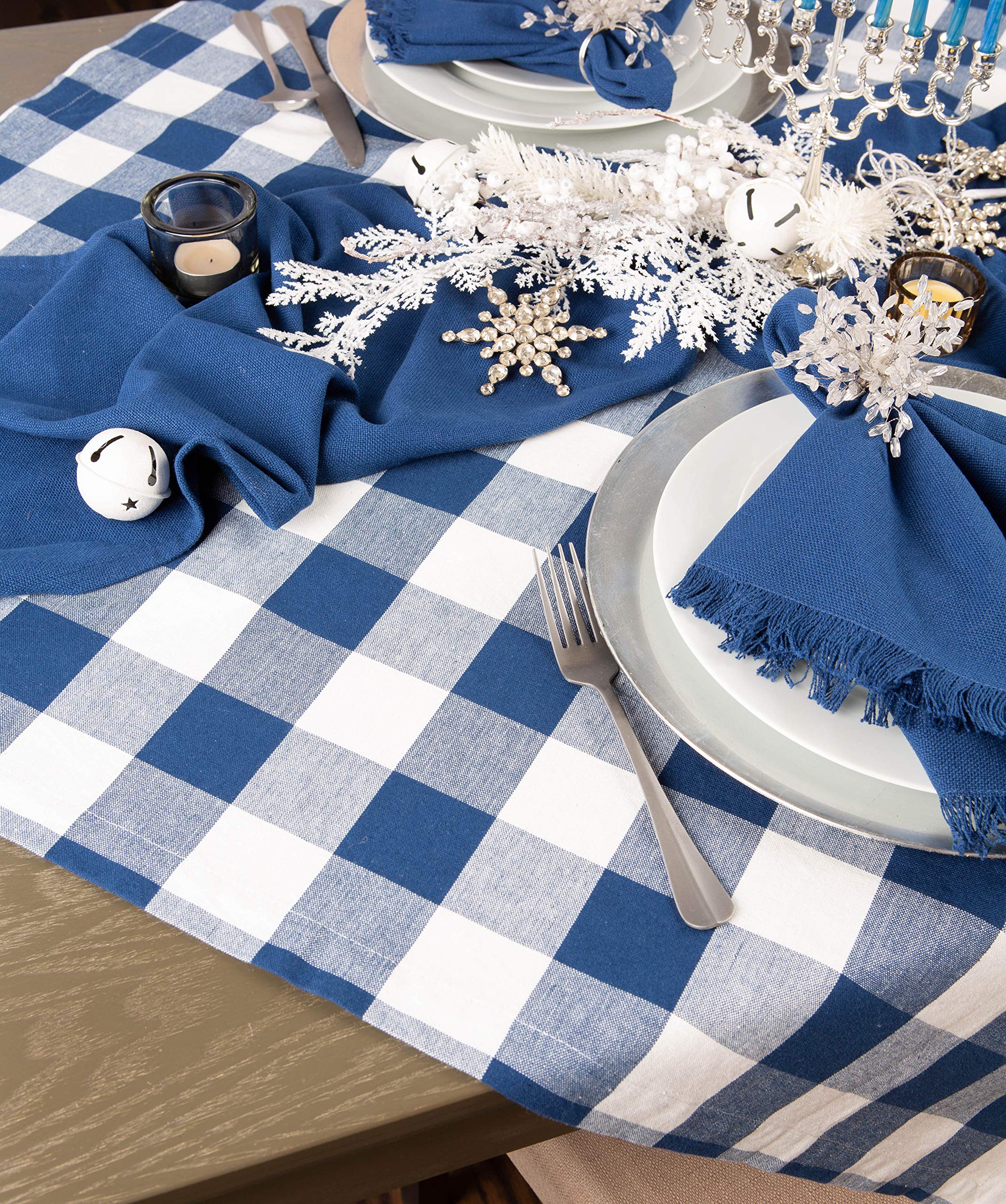 Dii Buffalo Check Collection, Classic Farmhouse Tablecloth, Table Topper, 40X40, Navy & Cream